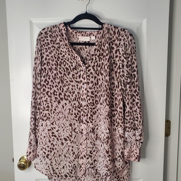 BELLE by Kim Gravel, Size S-M soft beige/pink button front L/sl blouse - Picture 1 of 8